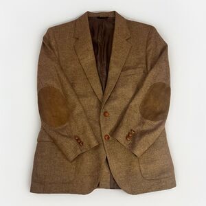 Farah Designer Harris Brown Tweed Sport Coat 44R Suede Elbow Patch Made Italy